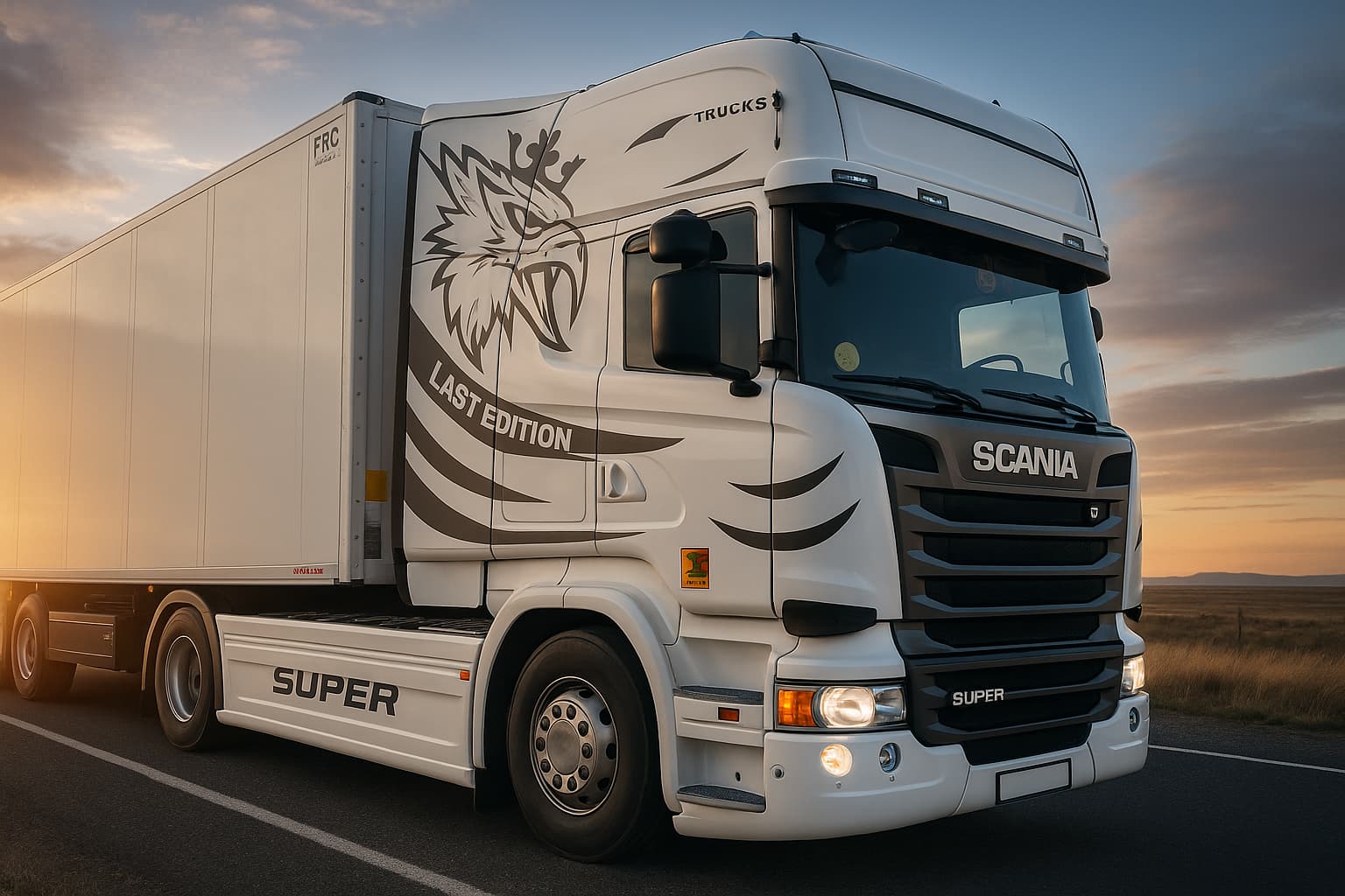 A white Scania articulated truck with a refrigerated trailer on the open road at sunset.