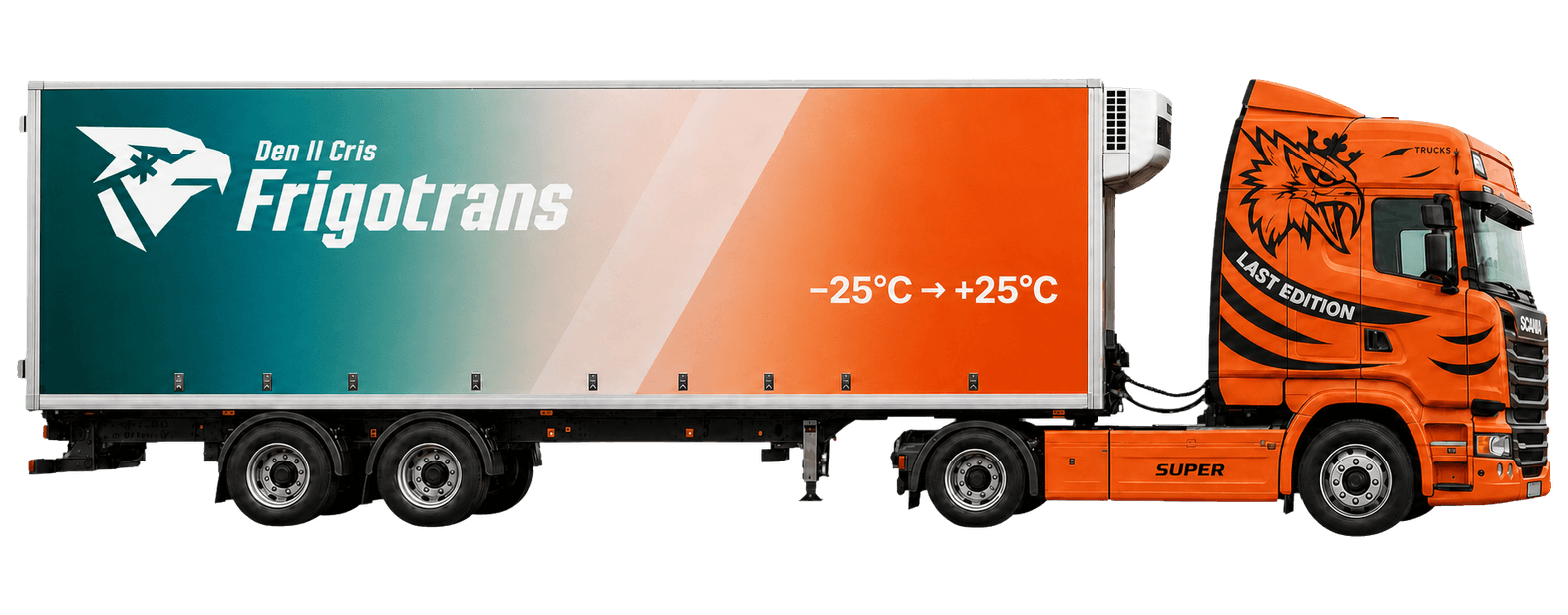 Prezentare din profil a unui camion frigorific portocaliu cu caroserie pentru mărfuri cu temperatură controlată.